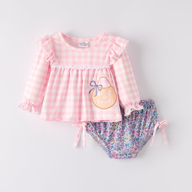 Girls' Halloween Embroidered Set – Pink Gingham Pumpkin Top + Floral Bottoms