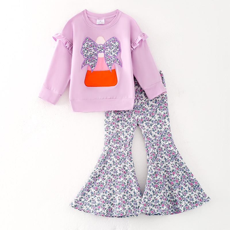 Girls Halloween Corn Bow Applique Floral Bell Pant Purple Set