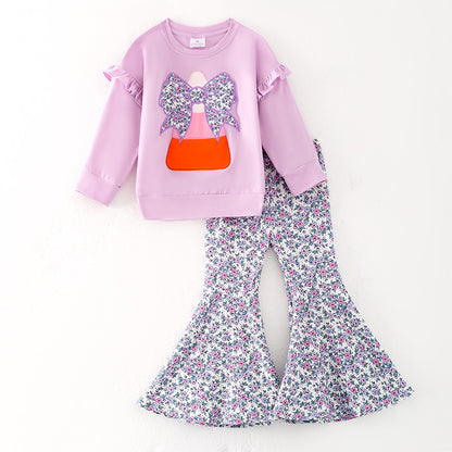 Girls Halloween Corn Bow Applique Floral Bell Pant Purple Set