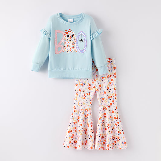 Girls Halloween Boo Applique Floral Bell Pant Set