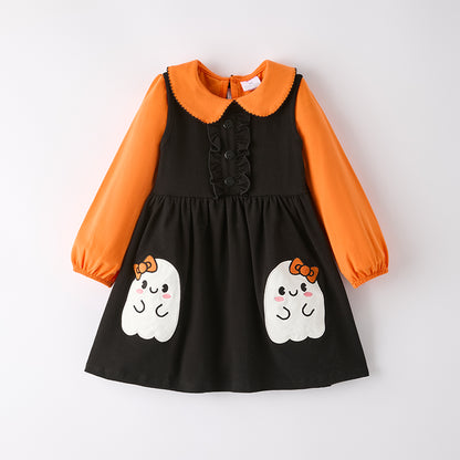 Girls Long Sleeves Cotton Dress Set-Halloween Ghost Applique Orange Black