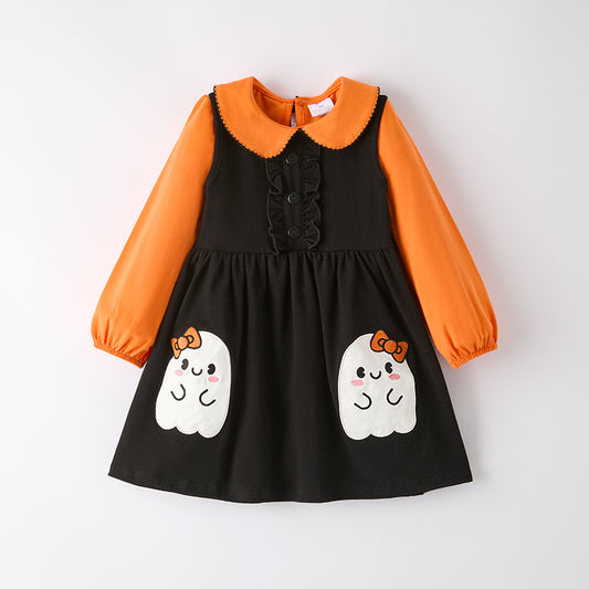 Girls Long Sleeves Cotton Dress Set-Halloween Ghost Applique Orange Black