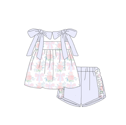 Girls Lavender Bow Floral Matching Dress Outfit Rubble Set