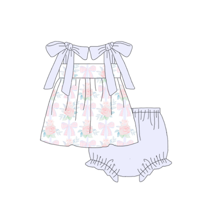 Girls Lavender Bow Floral Matching Dress Outfit Rubble Set