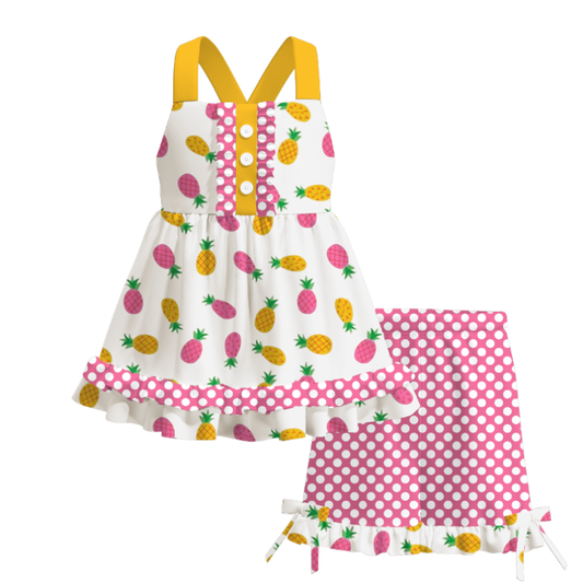 Girls Summer Pineapple Pink Dot Ruffled Short Set