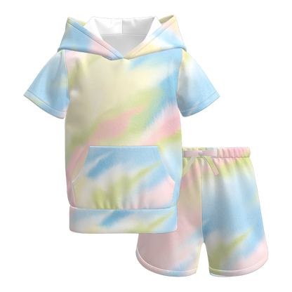 Girls Summer Tie-Dye Outdoor Hoodie Pocket Shorts Set