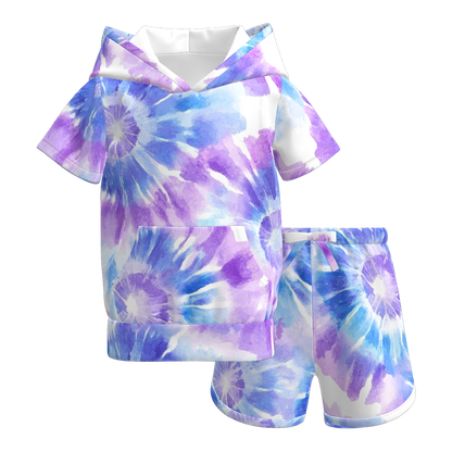 Girls Summer Tie-Dye Outdoor Hoodie Pocket Shorts Set