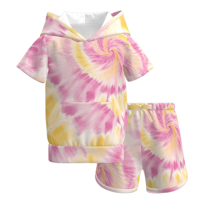 Girls Summer Tie-Dye Outdoor Hoodie Pocket Shorts Set
