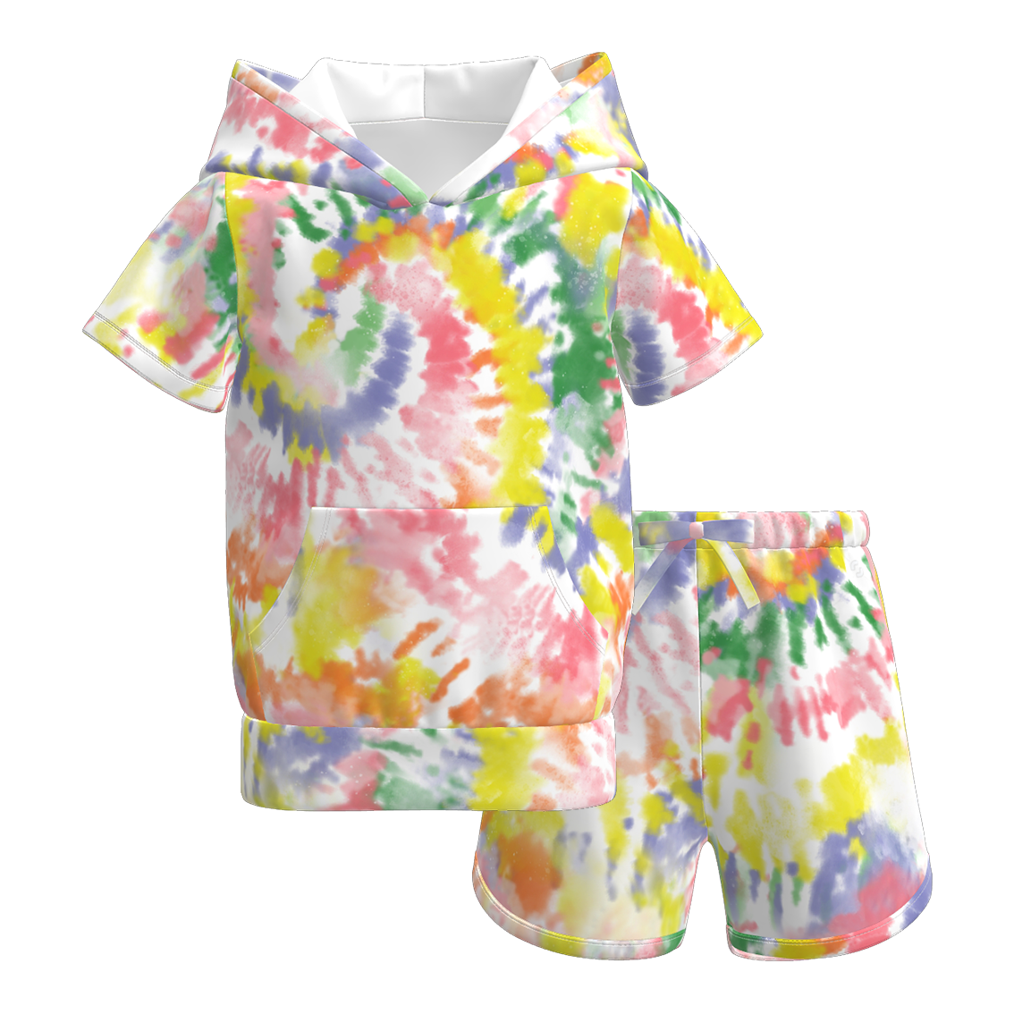Girls Summer Tie-Dye Outdoor Hoodie Pocket Shorts Set