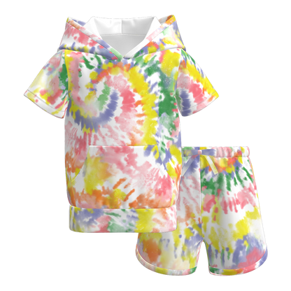 Girls Summer Tie-Dye Outdoor Hoodie Pocket Shorts Set