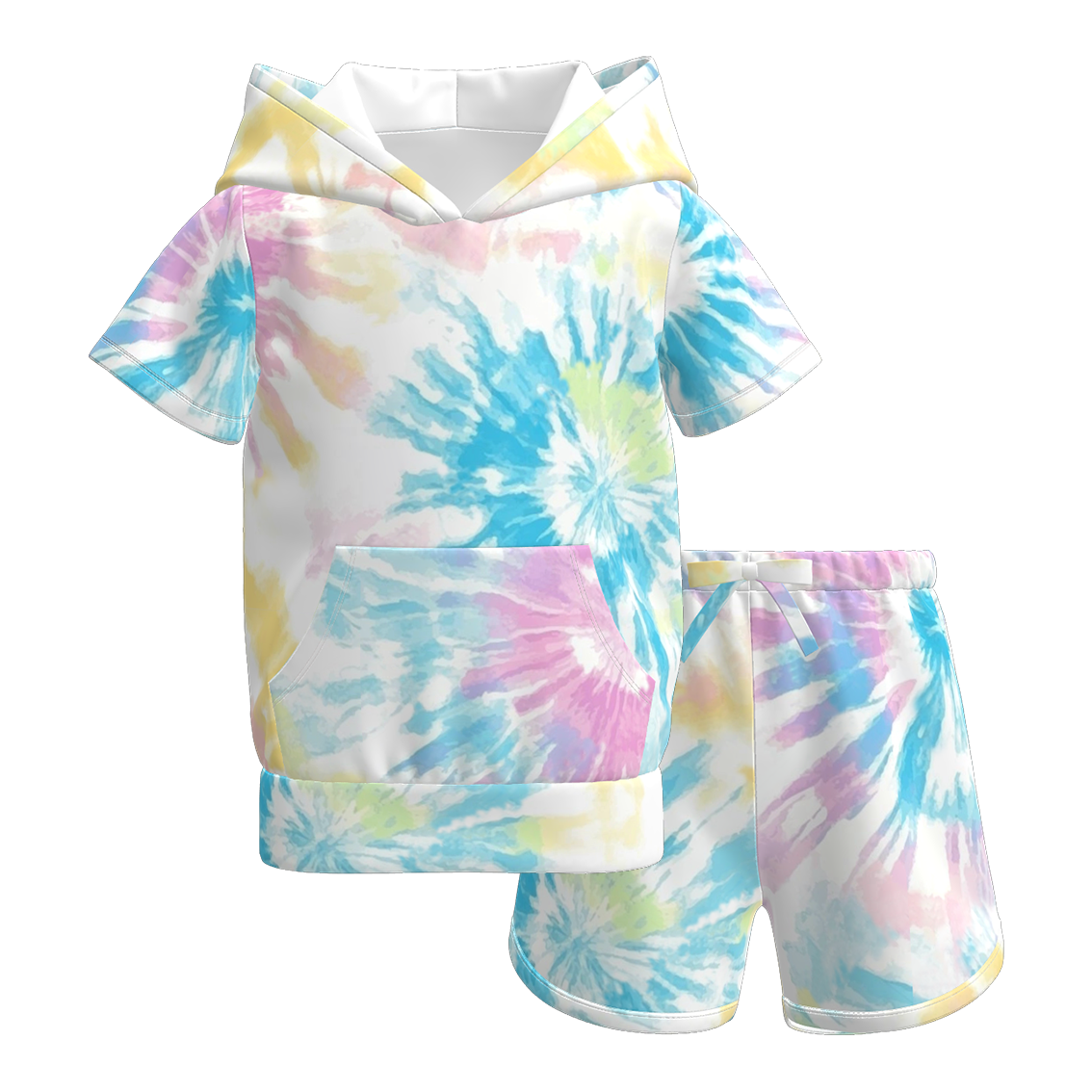 Girls Summer Tie-Dye Outdoor Hoodie Pocket Shorts Set