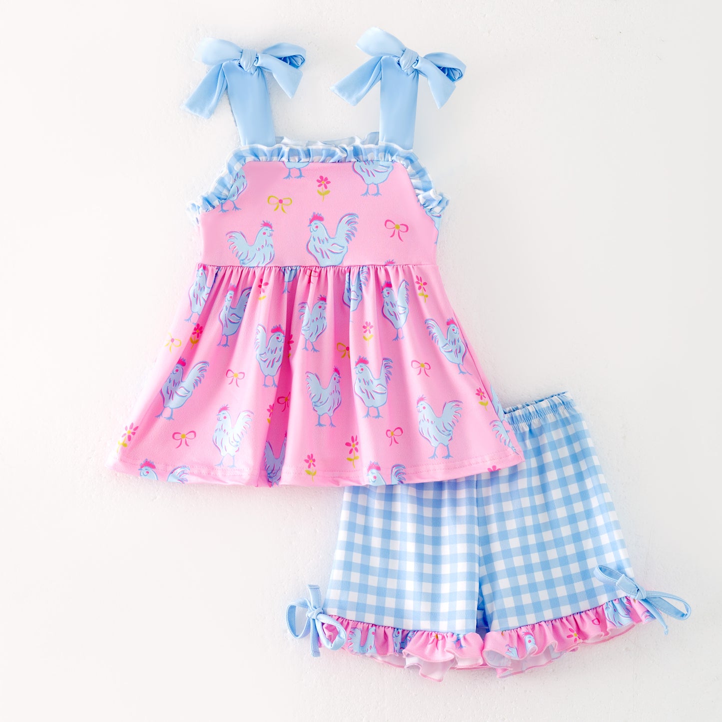 Girls Summer Farm Pink Blue Plaid Slip Short Set