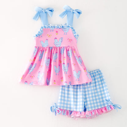Girls Summer Farm Pink Blue Plaid Slip Short Set