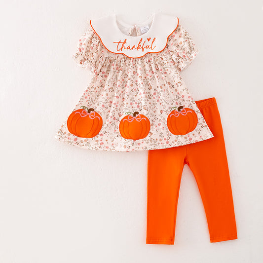 Girls Thanksgiving Pumpkin Thankful Embroidery Orange Floral Set