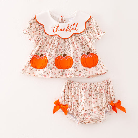 Baby Girls Thanksgving Pumpkin Thankful Embroidery Romper Set