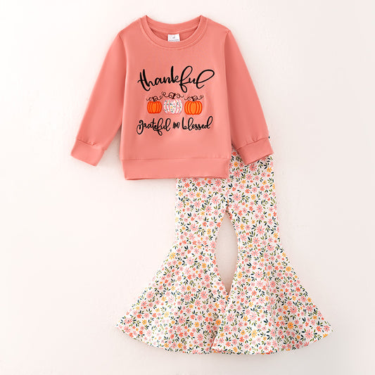 Girls Thankful Grateful Blessed Print Coral Floral Bell Pant Set