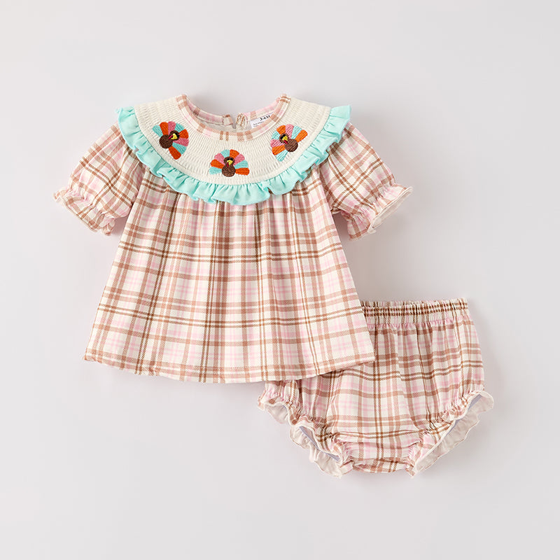 Baby Girls Thanksgiving Turkey Smock Embroidery Romper Set