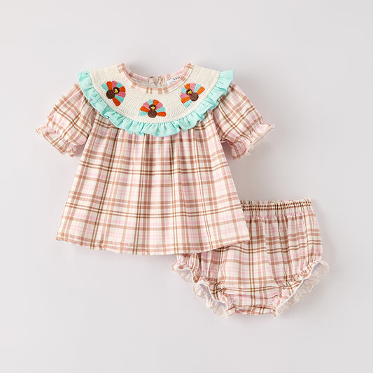 Baby Girls Thanksgiving Turkey Smock Embroidery Romper Set