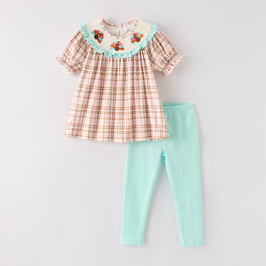 Girls Thanksgiving Turkey Smock Embroidery Plaid Pant Set