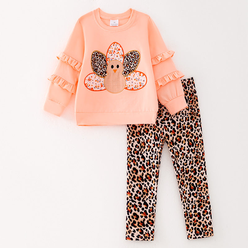 Girls Thanksgiving Turkey Applique Long Sleeves Leopard Pant Set