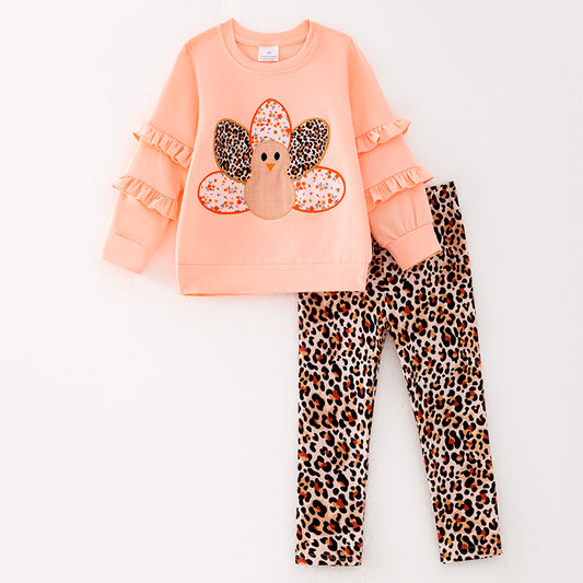 Girls Thanksgiving Turkey Applique Long Sleeves Leopard Pant Set