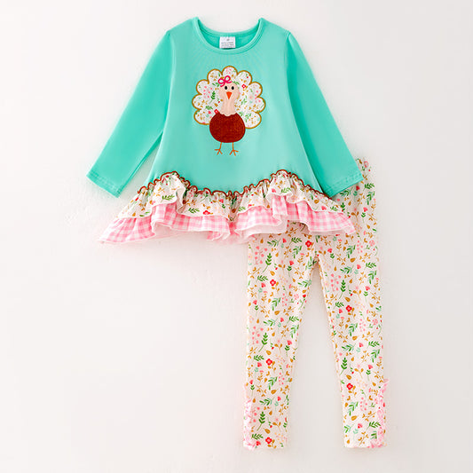 Girls Thanksgiving Turkey Applique Mint Floral Pant Set