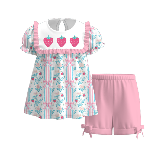 Girls Summer Strawberry Embroidered Pink Floral Short Set