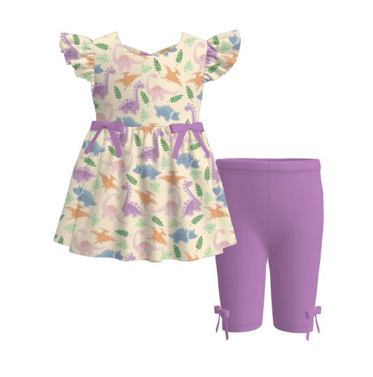 Girls Summer Purple Dinosour Print Bow Short Set