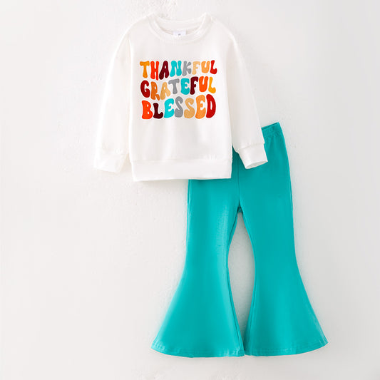 Girls Thanksgiving Thankful Greatful Blessed Print Pant Set