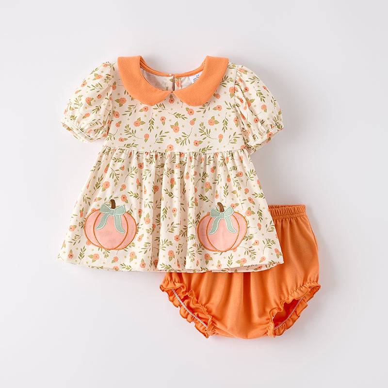 Baby Girls Fall Halloween Pumpkin Applique Boutique Romper Set
