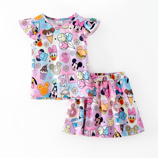 Girls Summer Minnie Cartoon Printed Athletic Skirt Set