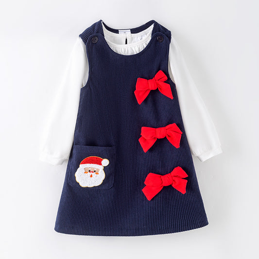 Girls Christmas Navy Santa Embroidery Pocket Dress With Top Set
