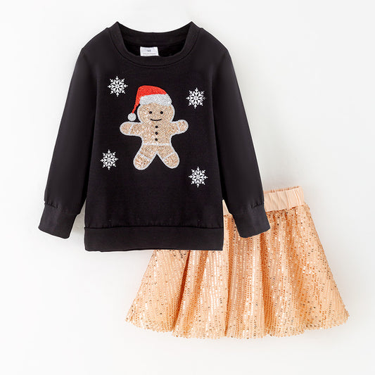 Sequin Skirt Outfit – Gingerbread Man Embroidered Christmas Set