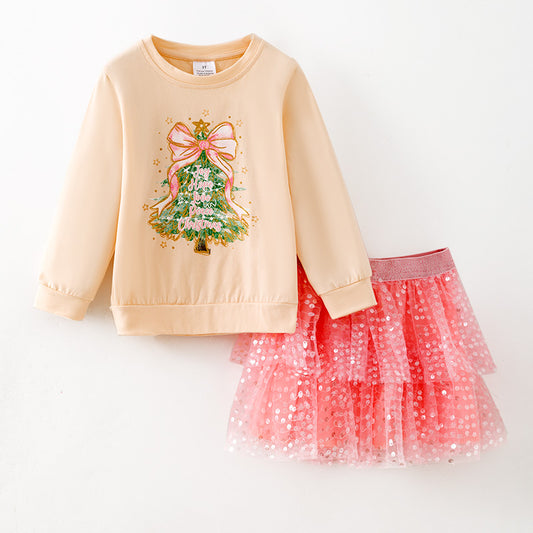 Christmas Girls Outfit – Printed Top & Sequin Tulle Skirt Set