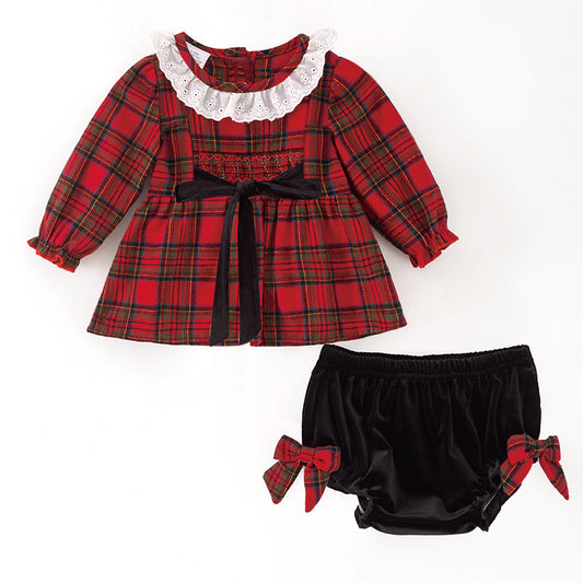 Christmas Baby Outfit – Plaid Dress & Velvet Bloomers | In Stock