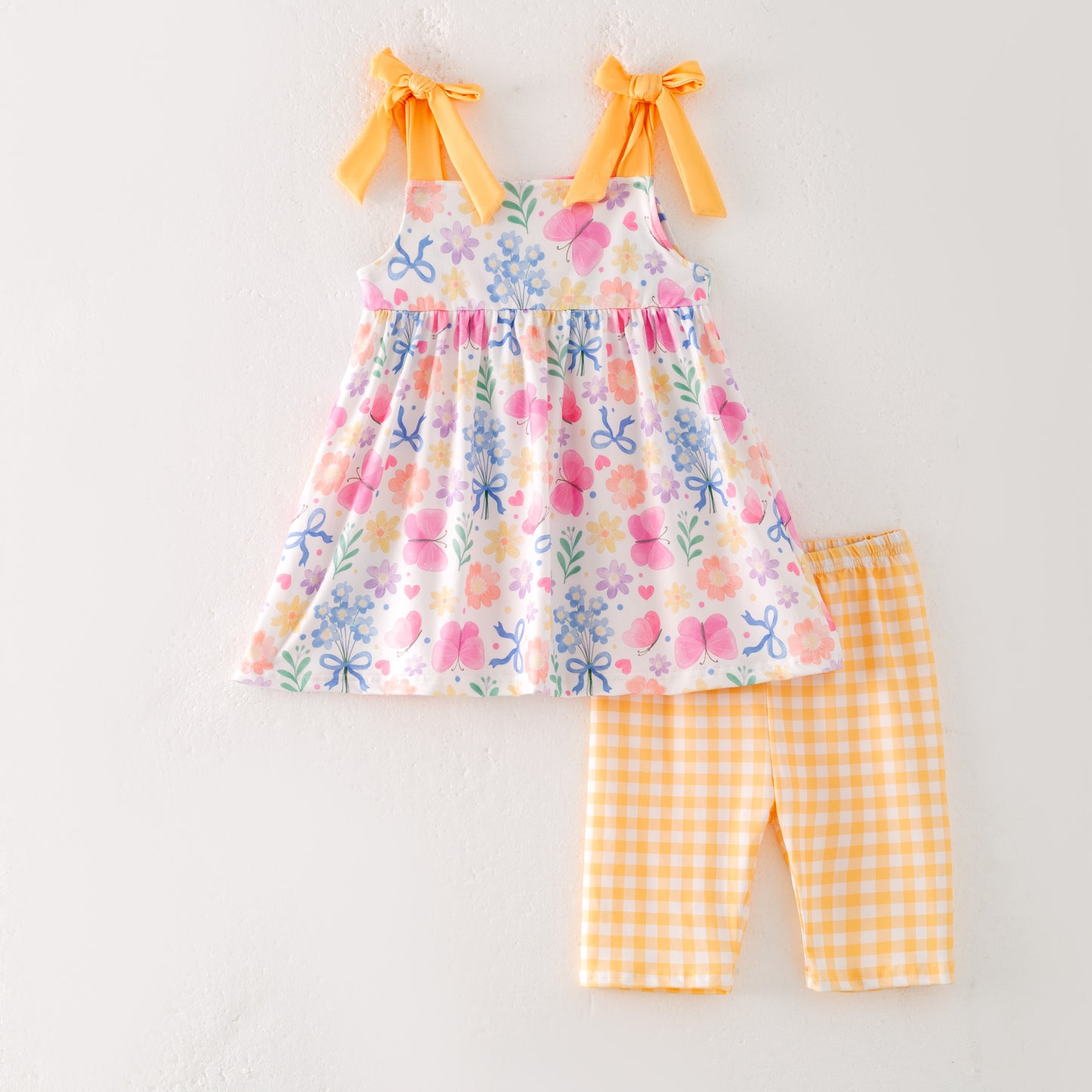Girls Summer Yellow Plaid Floral Print Short Set