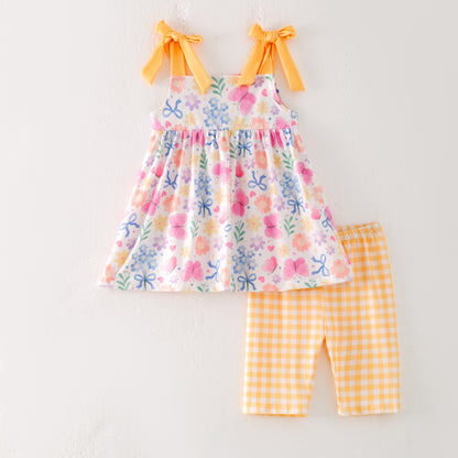 Girls Summer Yellow Plaid Floral Print Short Set