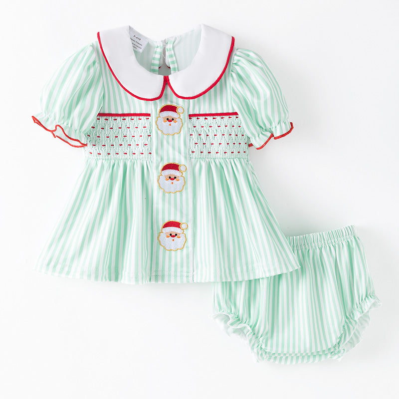 Christmas Kids Smocked Outfit Set – Santa Embroidery Green Sibling Collection