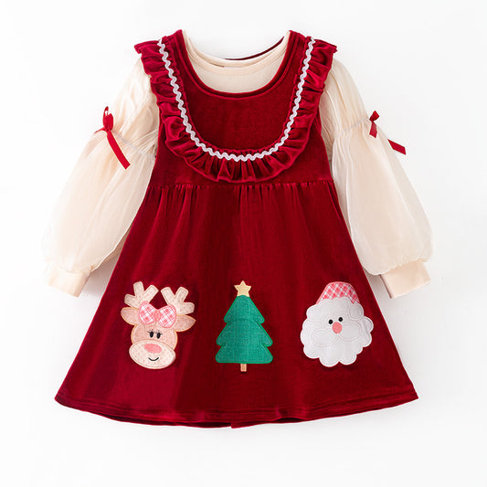 Christmas Velvet Dress & Romper Set with Embroidery – Reindeer, Tree & Santa