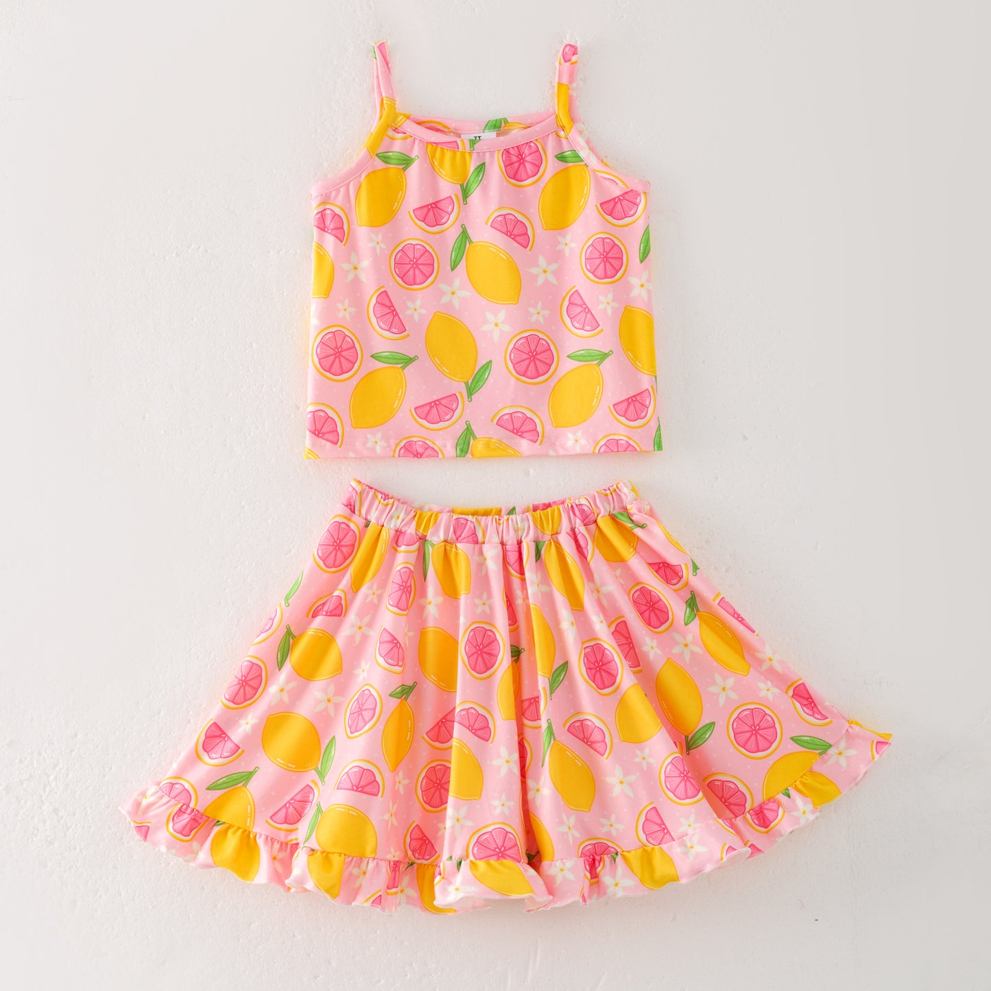 Girls Summer Yellow Lemon Print Sleeveless Top Skirt Set