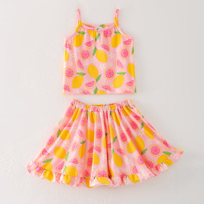 Girls Summer Yellow Lemon Print Sleeveless Top Skirt Set