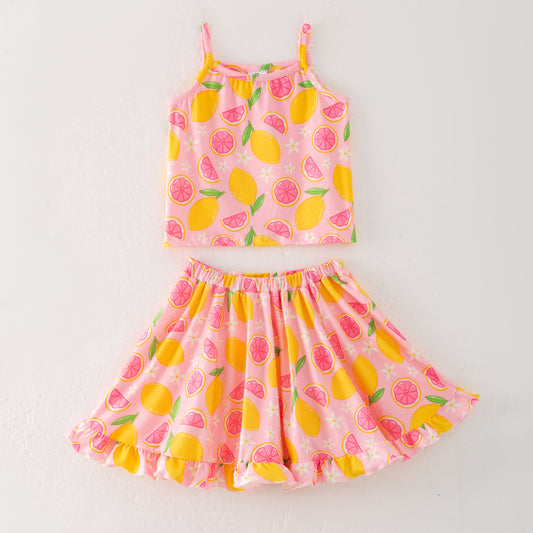 Girls Summer Yellow Lemon Print Sleeveless Top Skirt Set