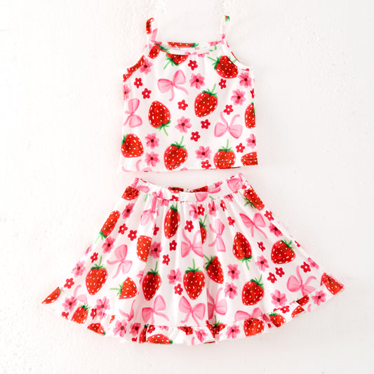 Girls Summer Strawberry Print Sleeveless Top Skirt Set