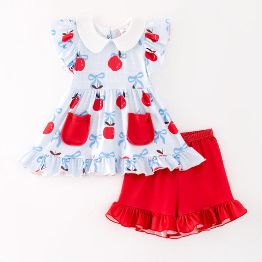 Girls Back To School Red Blue Apple Pocket Short Set
