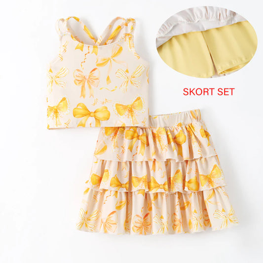 Girls Hot Seller Yellow Summer Bow Athletic Soft Milk Silk Skort Set
