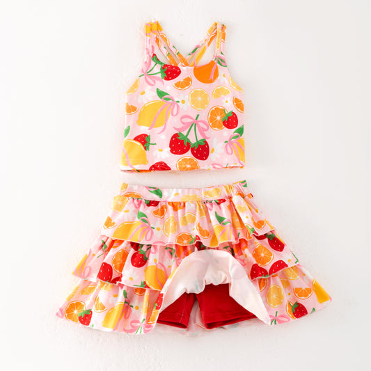 Girls Summer Lemon Strawberry Athletic Ruffled Skirt Set