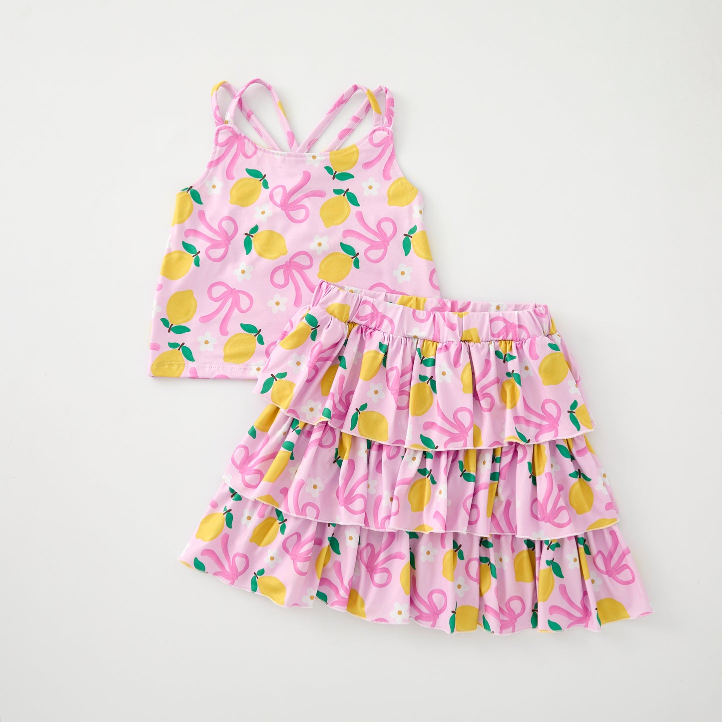 Girls Summer Pink Bow Lemon Print Athletic Ruffled Skirt Set