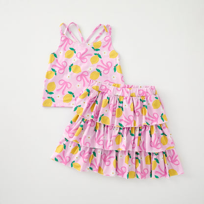 Girls Summer Pink Bow Lemon Print Athletic Ruffled Skirt Set