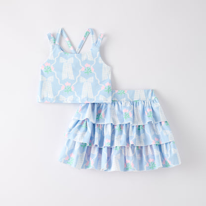 Girls Summer Blue Pink Bow Print Athletic Ruffled Skirt Set