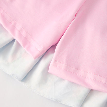 Girls Summer Blue Pink Bow Print Athletic Ruffled Skirt Set